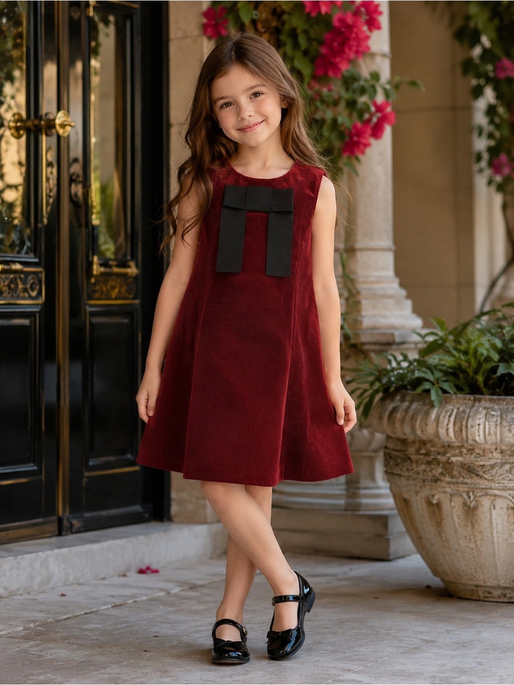 A Loves A Girls' Burgundy Velvet Bow-Accent A-Line Dress